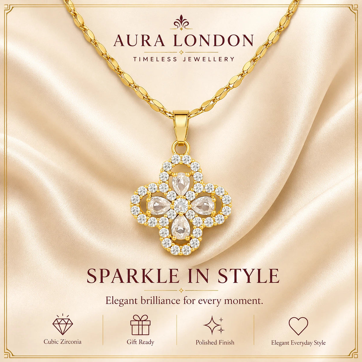 18K GOLD PLATED TITANIUM STEEL FLORAL CZ PENDANT NECKLACE WATERPROOF SPARKLY UK