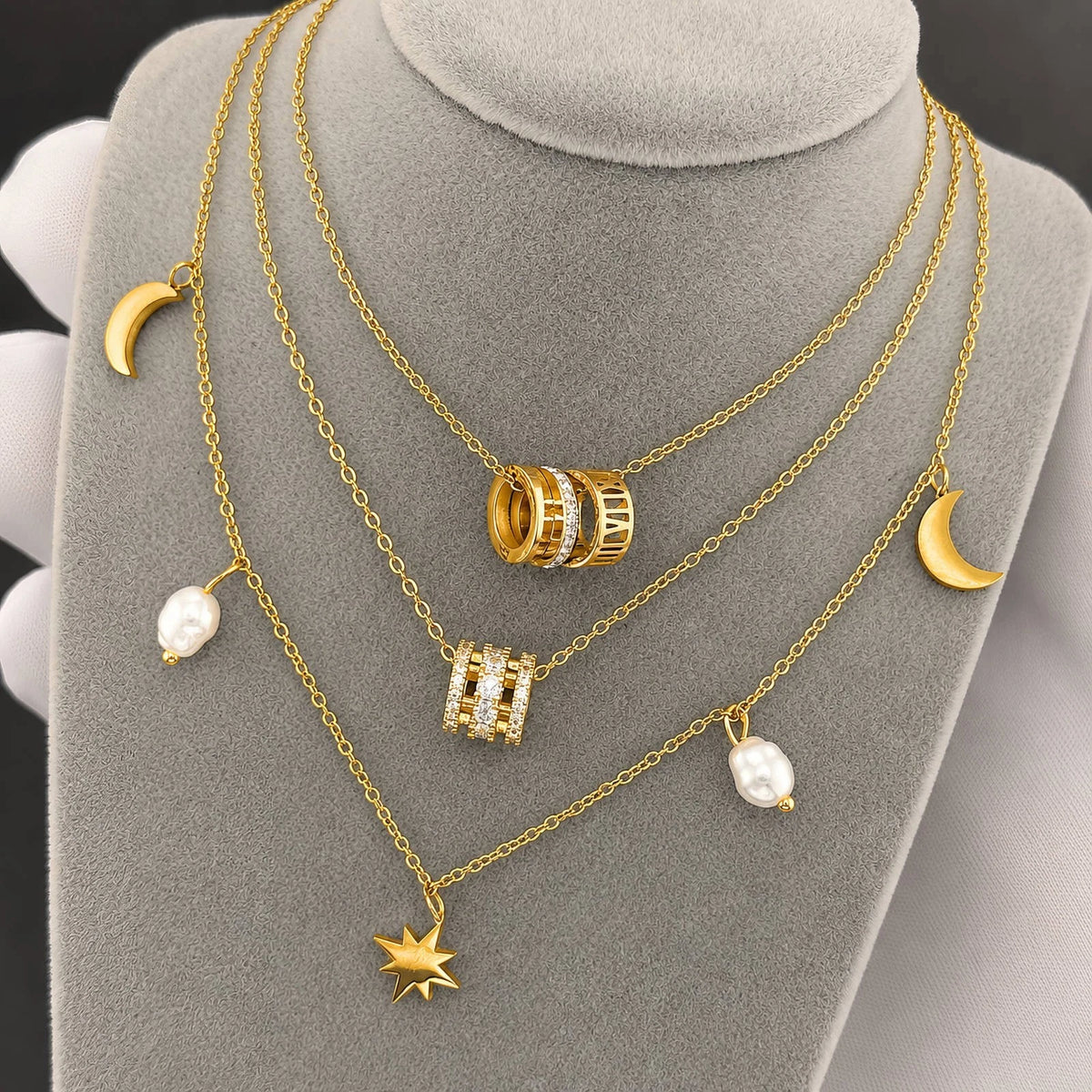18K GOLD PLATED STAINLESS STEEL ROMAN NUMERAL CZ PENDANT NECKLACE LADIES GIFT UK