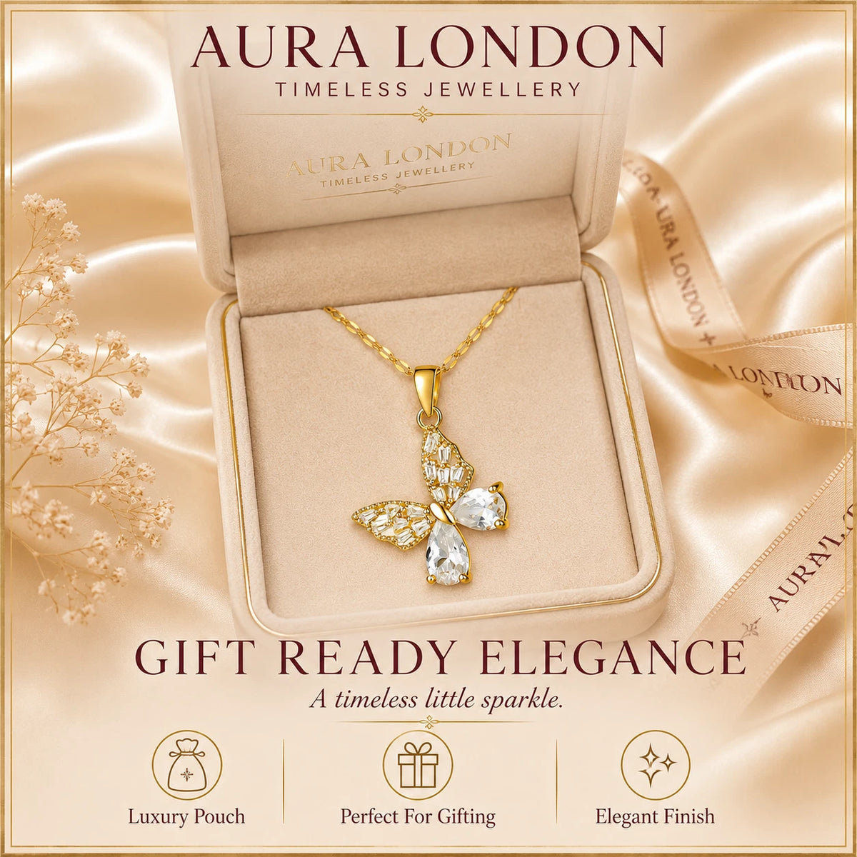 18K GOLD PLATED TITANIUM STEEL BUTTERFLY CZ PENDANT NECKLACE PVD WATERPROOF UK