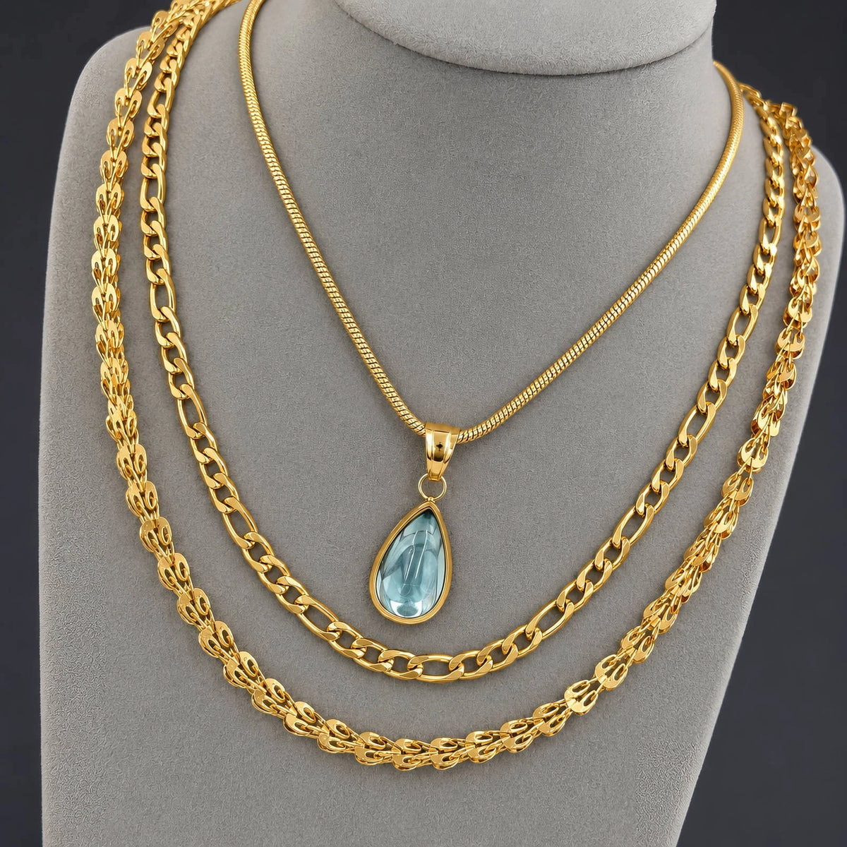 18K GOLD PLATED TITANIUM STEEL LADIES BLUE TEARDROP PENDANT NECKLACE WATERPROOF