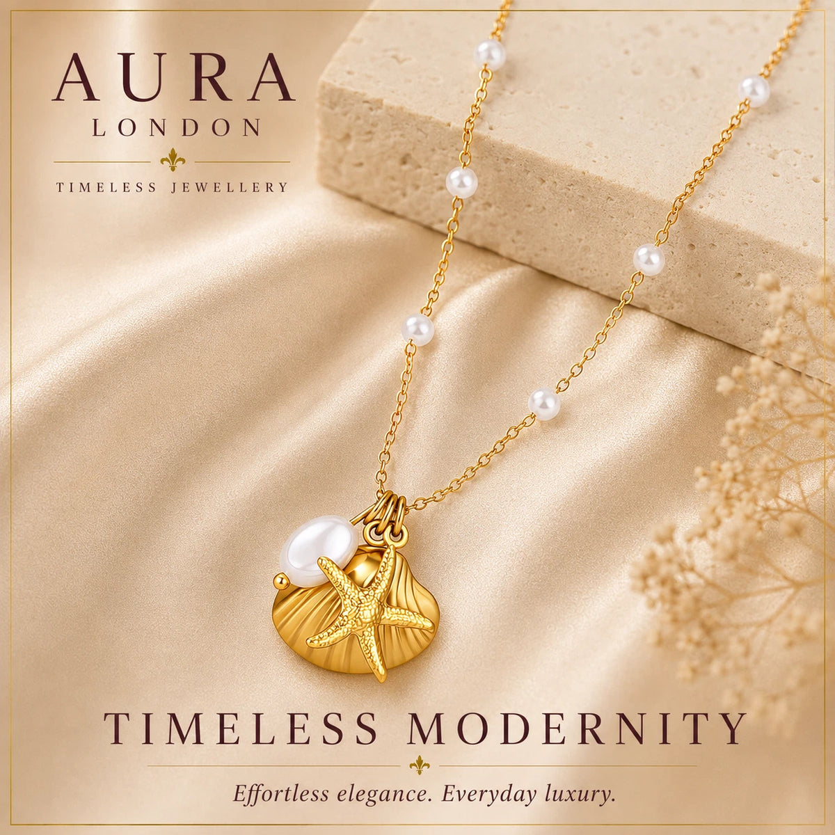18K GOLD PLATED TITANIUM STEEL LADIES PEARL SHELL STARFISH NECKLACE WATERPROOF