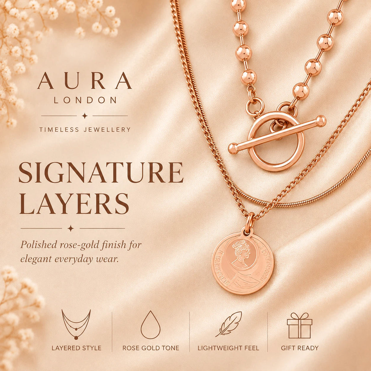 18K GOLD PLATED TITANIUM STEEL TRIPLE LAYER ROSE GOLD COIN NECKLACE WATERPROOF