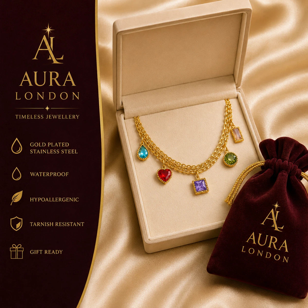 18K GOLD PLATED TITANIUM STEEL MULTICOLOUR CZ CHARM NECKLACE LADIES HER GIFT UK