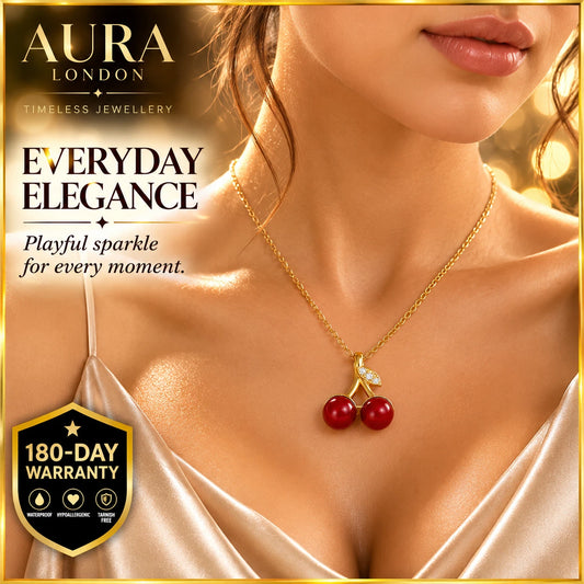 NEW 18K GOLD PLATED TITANIUM STEEL CHERRY NECKLACE RED PENDANT PVD WATERPROOF UK