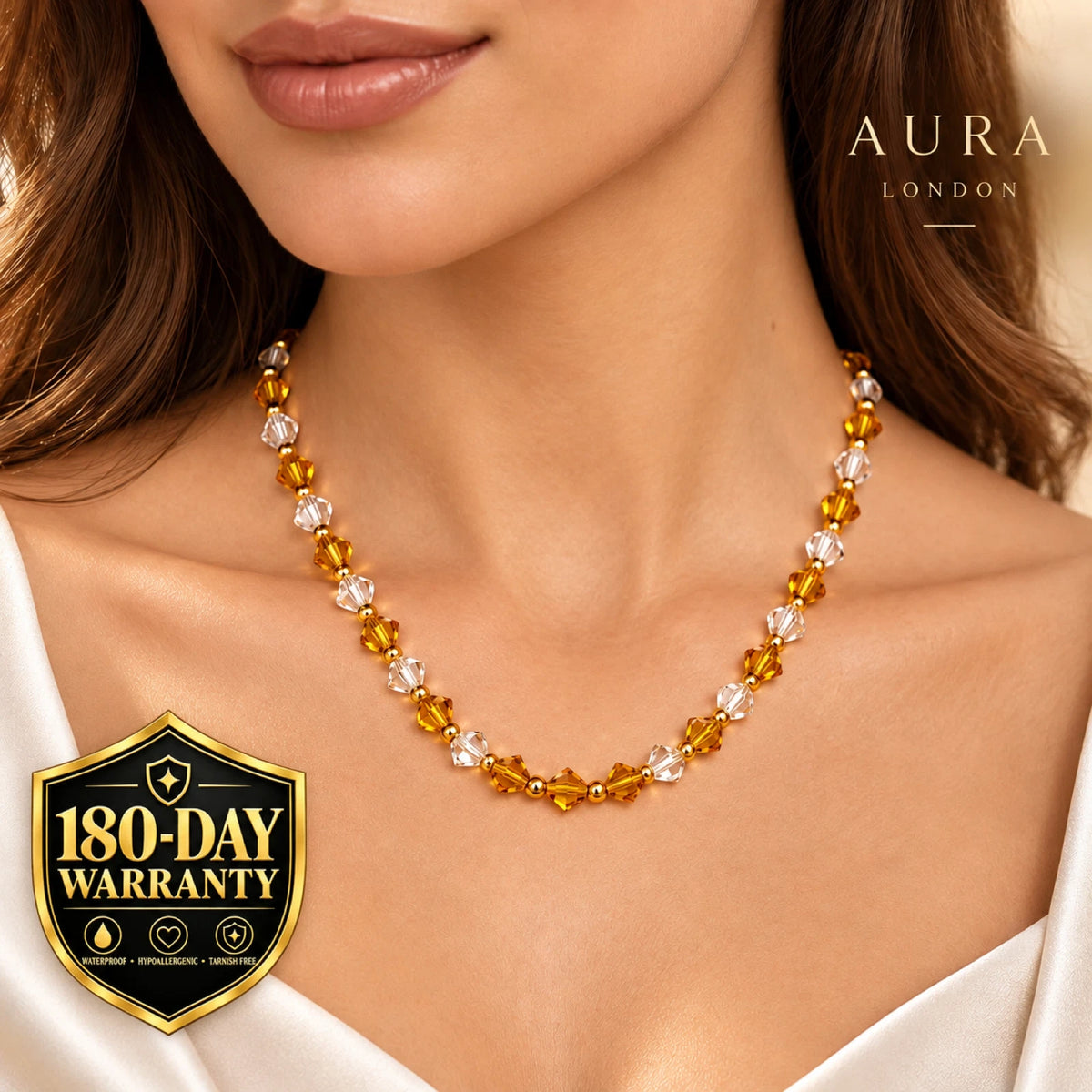 18K GOLD PLATED TITANIUM STEEL AMBER CLEAR BEADED NECKLACE WATERPROOF LADIES UK