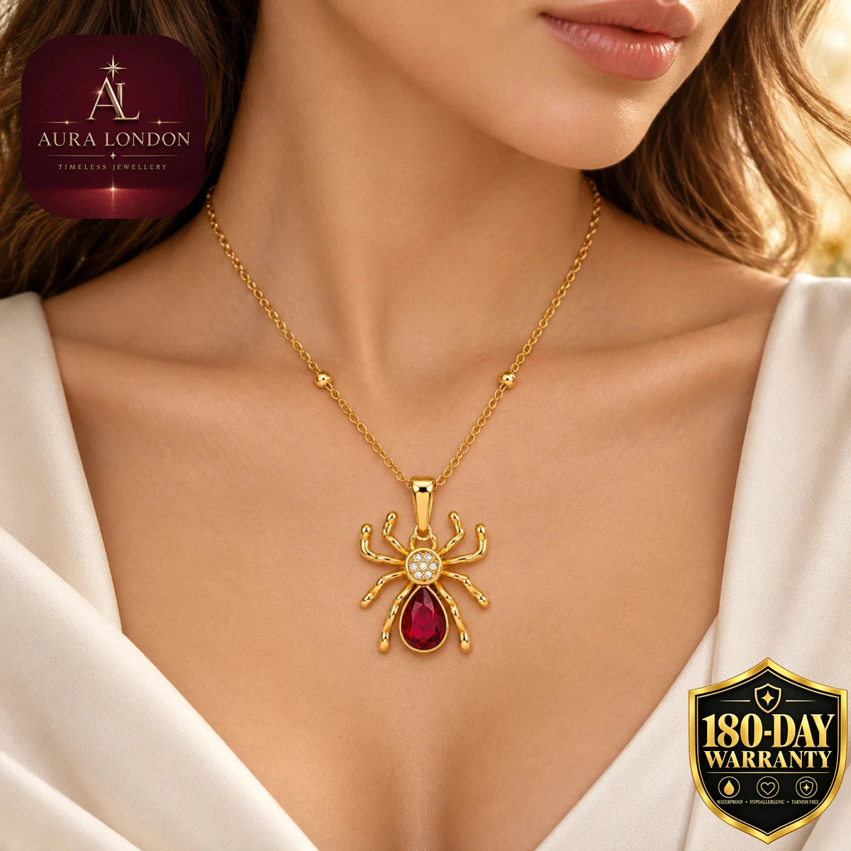 18K GOLD PLATED TITANIUM STEEL RED SPIDER NECKLACE WATERPROOF STATEMENT PENDANT