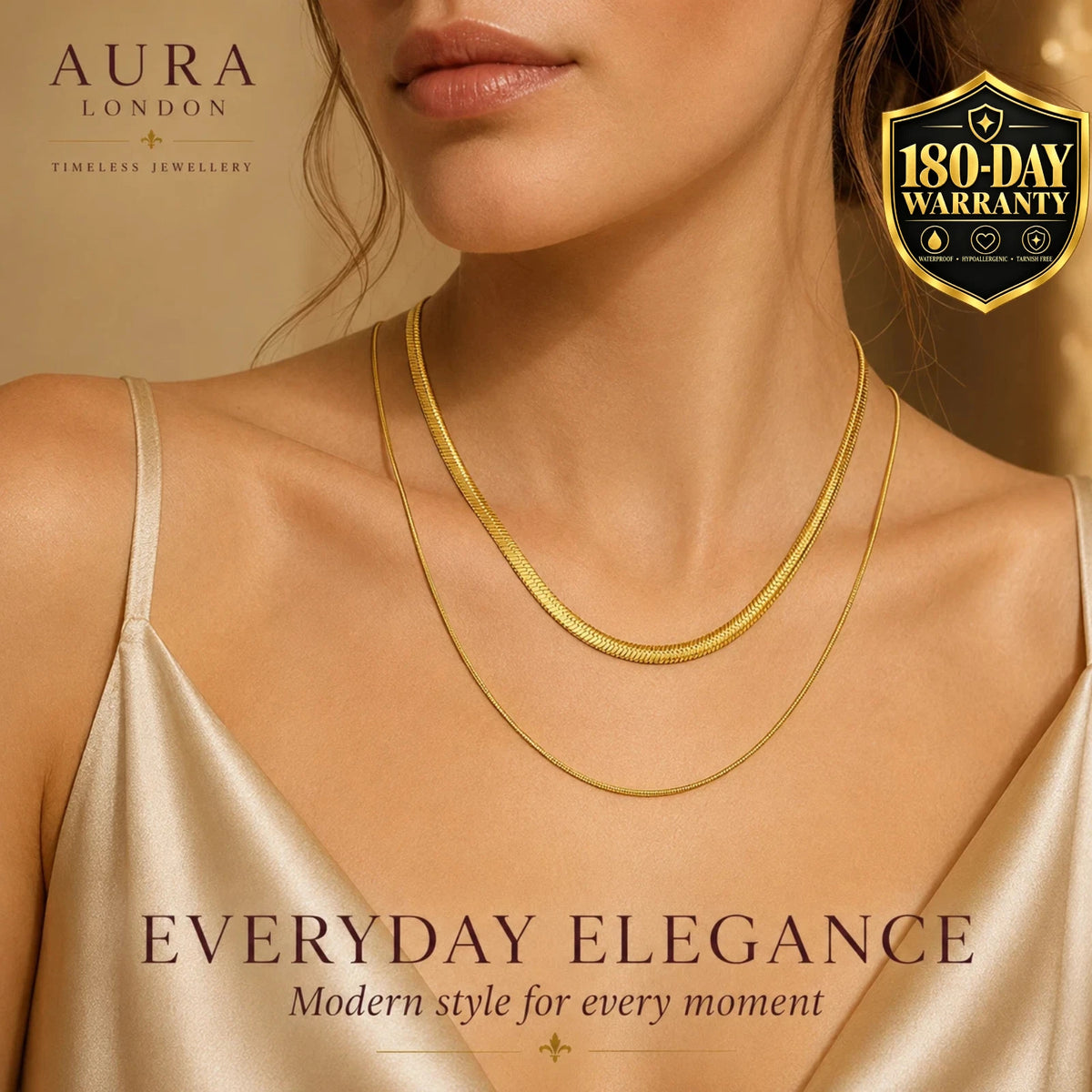 18K GOLD PLATED TITANIUM STEEL DOUBLE LAYER CHAIN NECKLACE WATERPROOF LADIES UK