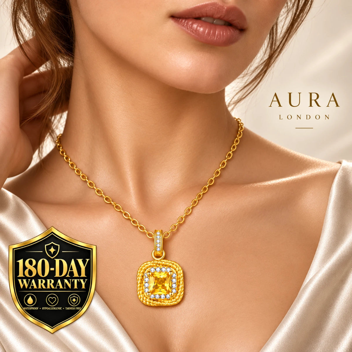 18k Gold Plated Titanium Steel Yellow CZ Necklace Waterproof Square Pendant Gift
