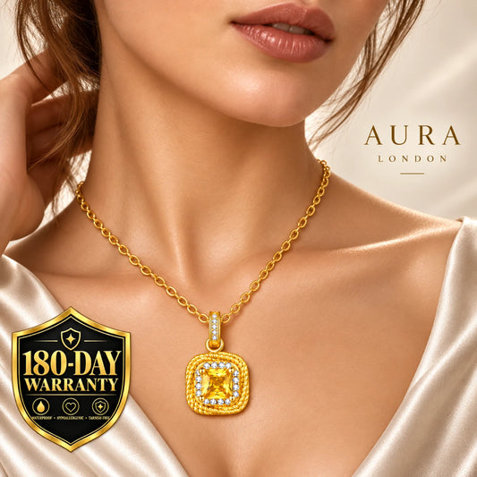 18k Gold Plated Titanium Steel Yellow CZ Necklace Waterproof Square Pendant Gift