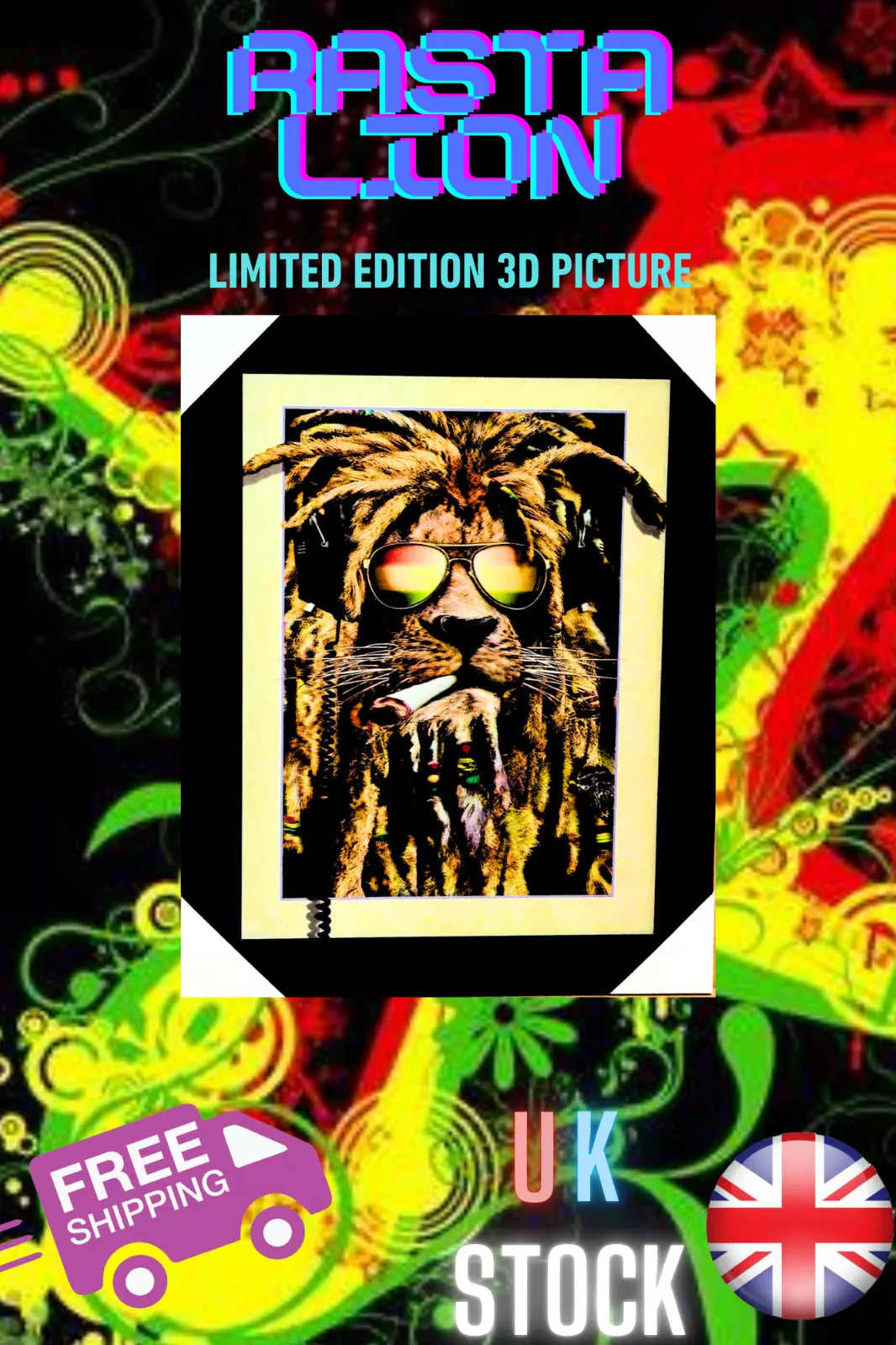 RASTA LION DREADLOCKED KING OF REGGAE IN SHADES 3D LIMITED EDITION FRAMED PICTURE UK STOCK