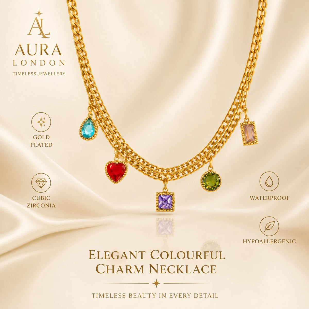 18K GOLD PLATED TITANIUM STEEL MULTICOLOUR CZ CHARM NECKLACE LADIES HER GIFT UK