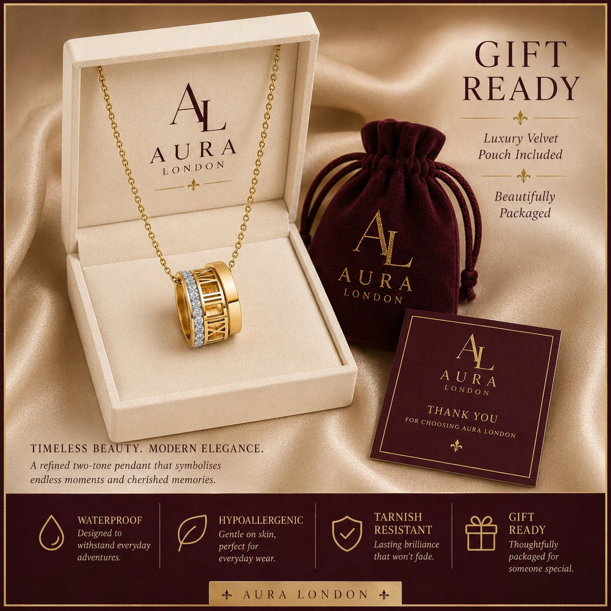 18K GOLD PLATED STAINLESS STEEL ROMAN NUMERAL CZ PENDANT NECKLACE LADIES GIFT UK