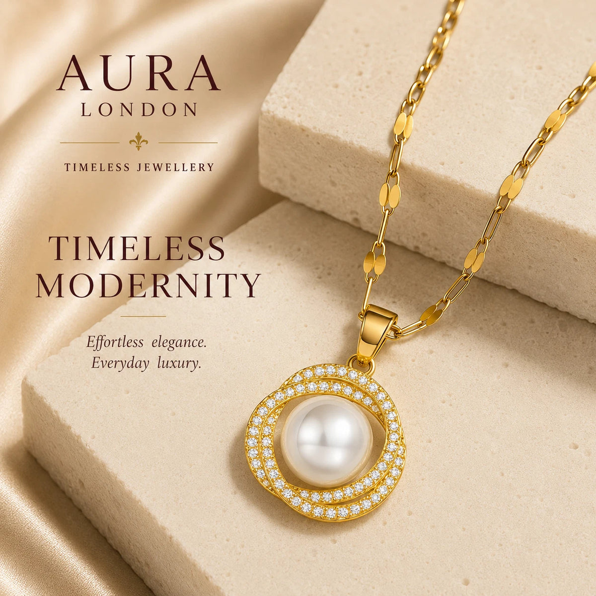 18K GOLD PLATED PEARL HALO CZ PENDANT NECKLACE TITANIUM STEEL ANTI TARNISH GIRLS