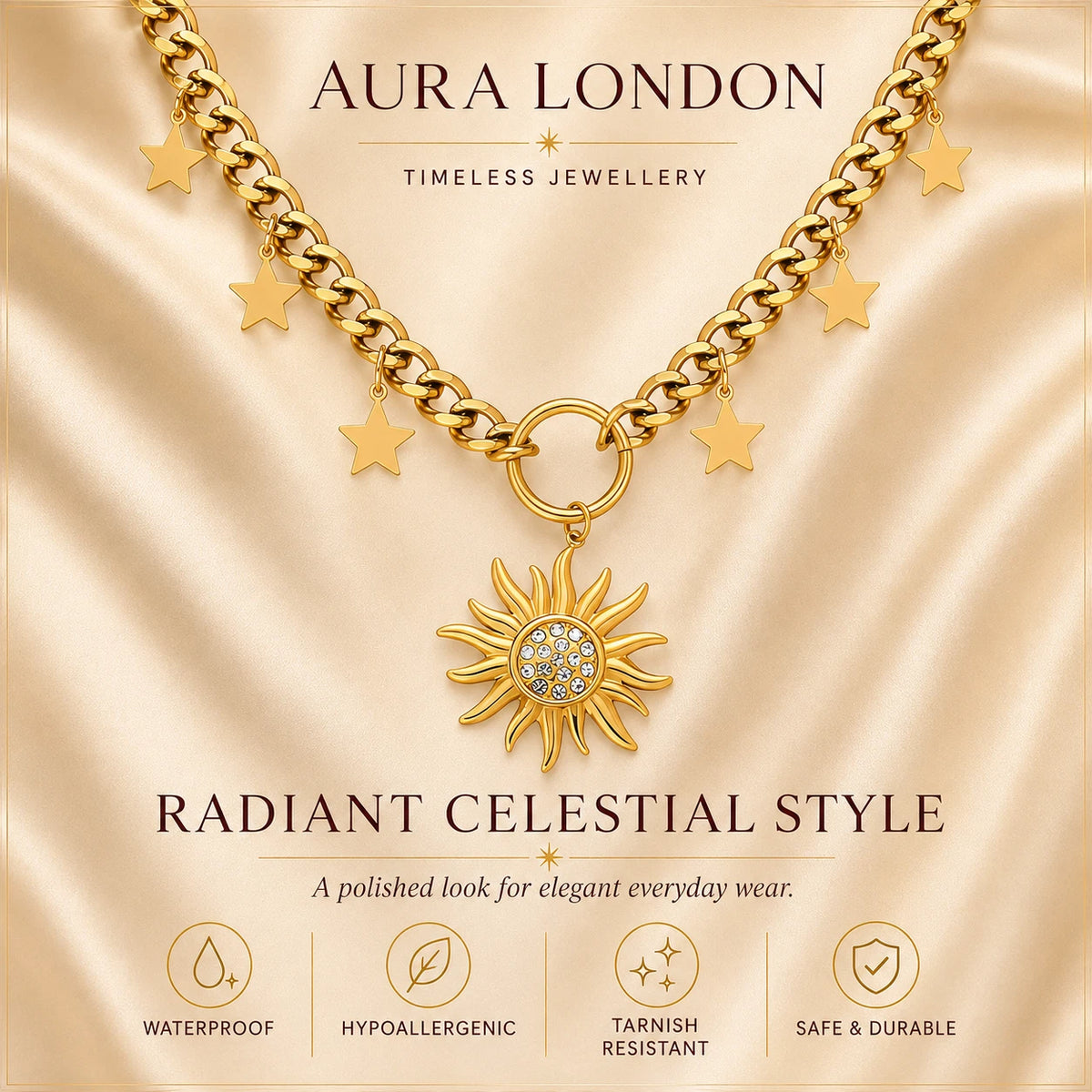 18K GOLD PLATED TITANIUM STEEL LADIES SUN STAR CZ NECKLACE CELESTIAL WATERPROOF