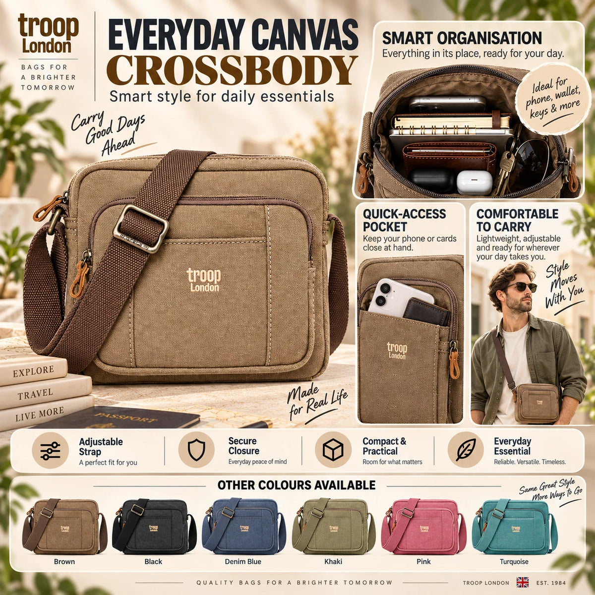 TROOP LONDON TRP0235 CLASSIC CANVAS CROSSBODY SHOULDER BAG