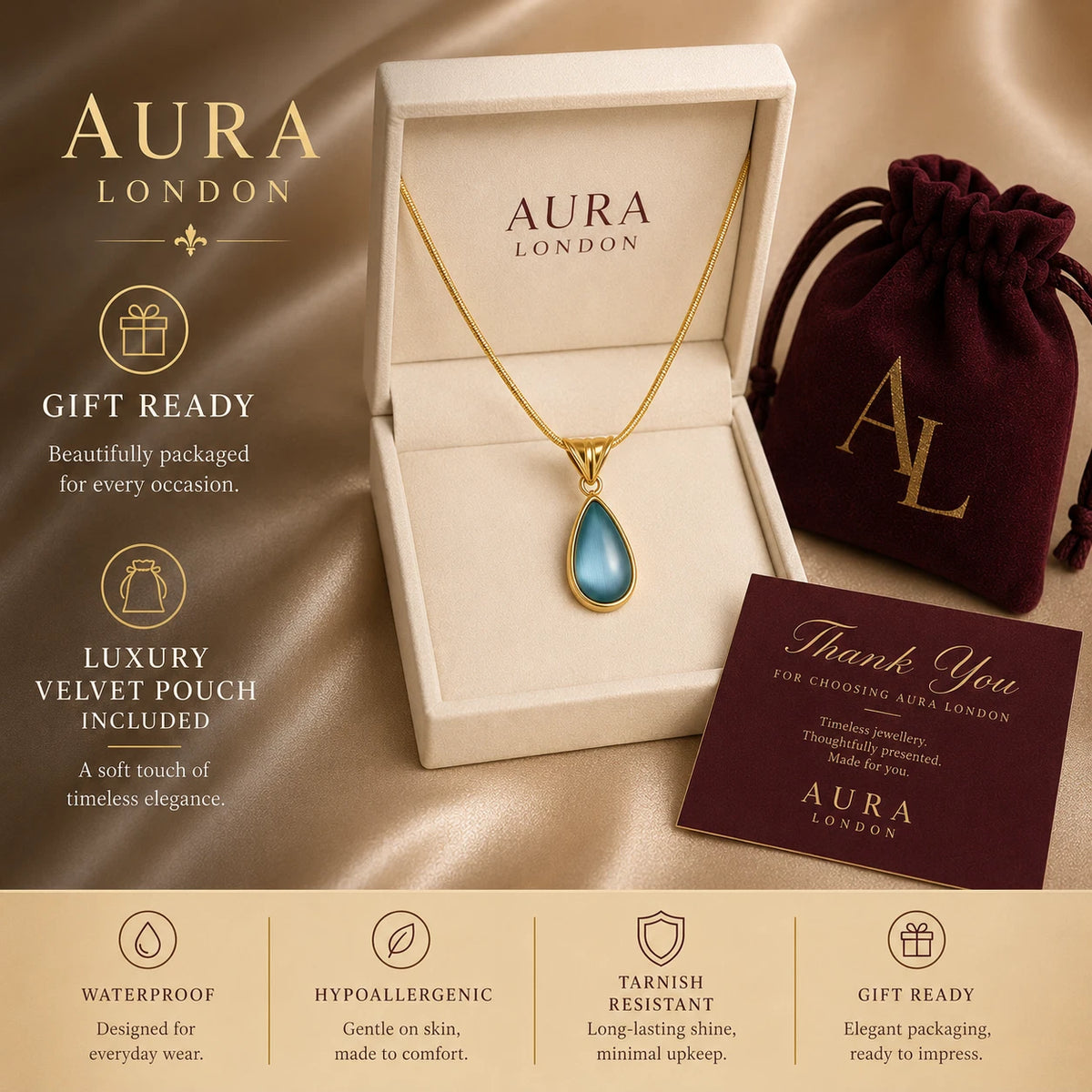 18K GOLD PLATED TITANIUM STEEL LADIES BLUE TEARDROP PENDANT NECKLACE WATERPROOF