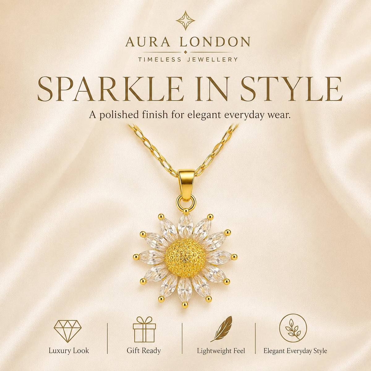 18K GOLD PLATED TITANIUM STEEL DAISY FLOWER CZ PENDANT NECKLACE WATERPROOF GIFT