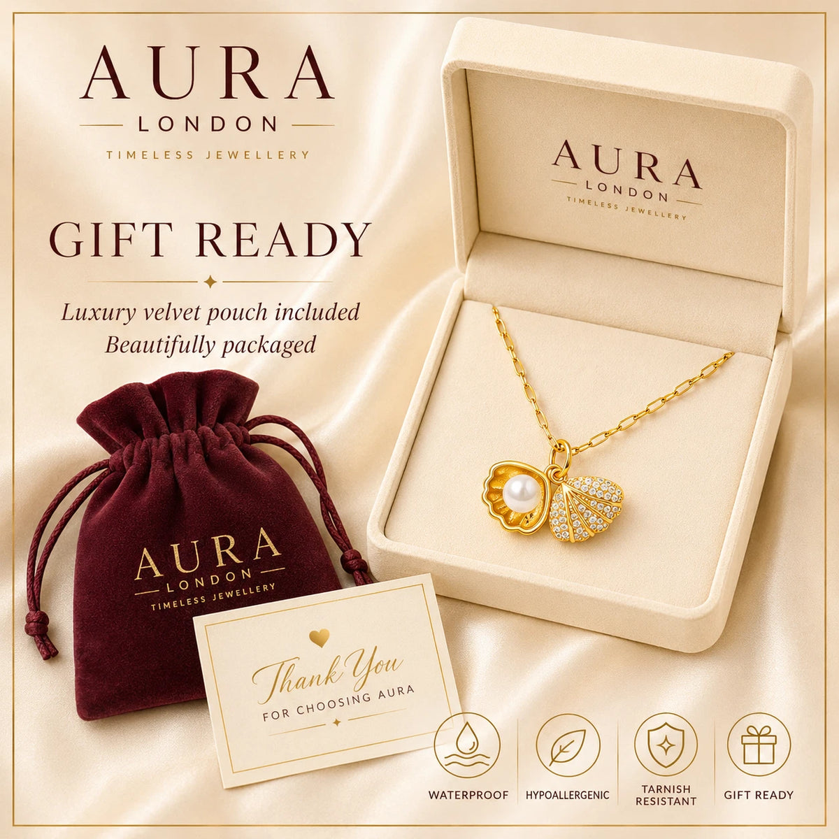 18K GOLD PLATED TITANIUM STEEL LADIES PEARL SHELL CZ NECKLACE WATERPROOF GIFT UK