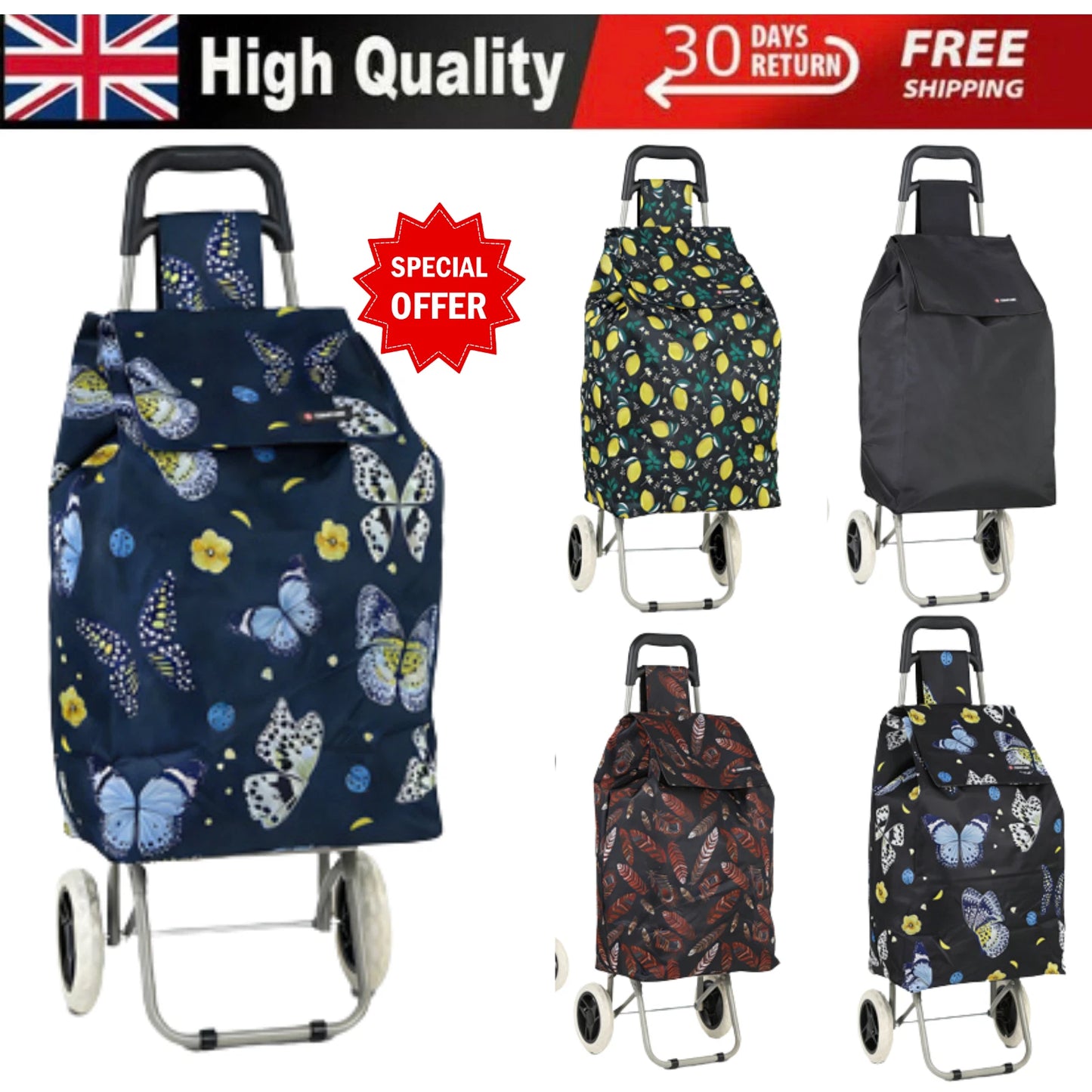 50L LARGE SHOPPING TROLLEY BIG WHEELS FOLDABLE GROCERY CART HEAVY DUTY BAG UK STOCK