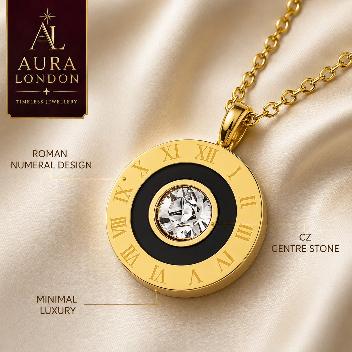 18K GOLD PLATED TITANIUM STEEL ROMAN NUMERAL CZ NECKLACE LADIES ANTI TARNISH UK