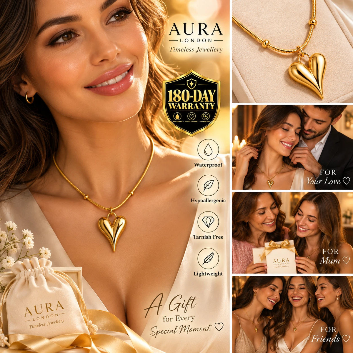 18K GOLD PLATED TITANIUM STEEL HEART NECKLACE PVD WATERPROOF GIFT GIRL HER UK