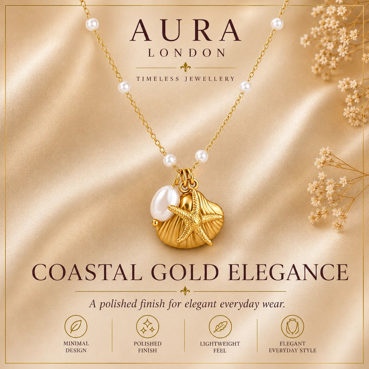 18K GOLD PLATED TITANIUM STEEL LADIES PEARL SHELL STARFISH NECKLACE WATERPROOF