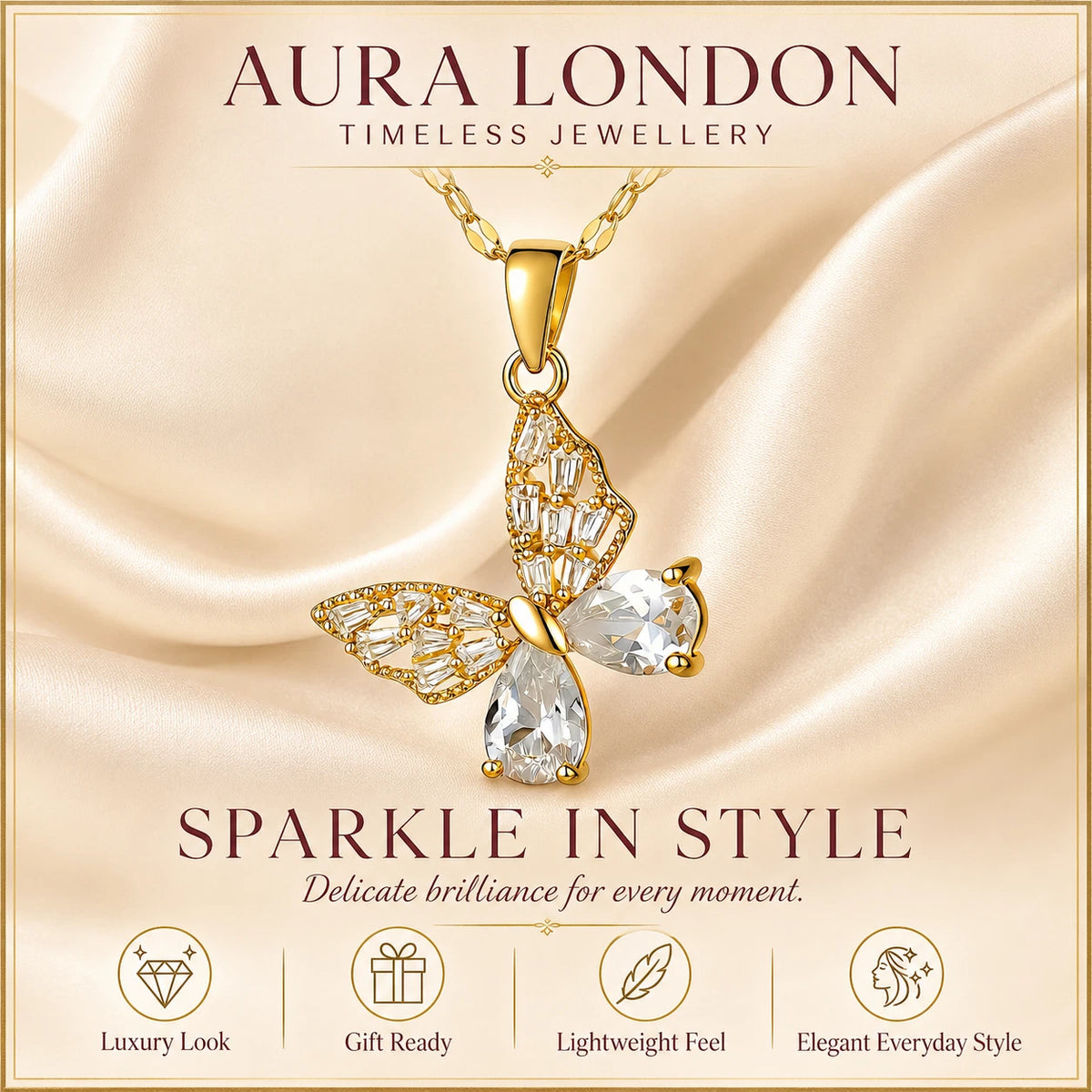 18K GOLD PLATED TITANIUM STEEL BUTTERFLY CZ PENDANT NECKLACE PVD WATERPROOF UK