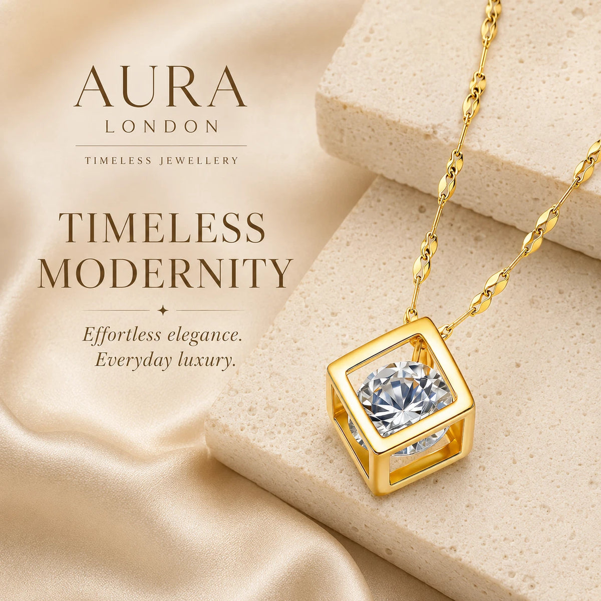 18K GOLD PLATED GEOMETRIC CUBE CZ PENDANT NECKLACE TITANIUM STEEL LADIES GIFT UK