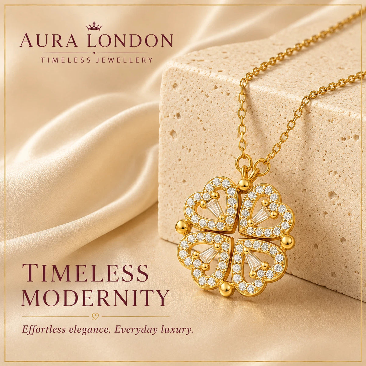 18K GOLD PLATED TITANIUM STEEL OPENABLE CLOVER HEART CZ NECKLACE WATERPROOF GIFT