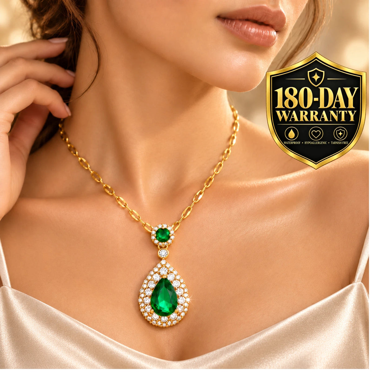18K Gold Plated Titanium Steel Green Teardrop Pendant Necklace Waterproof Gift