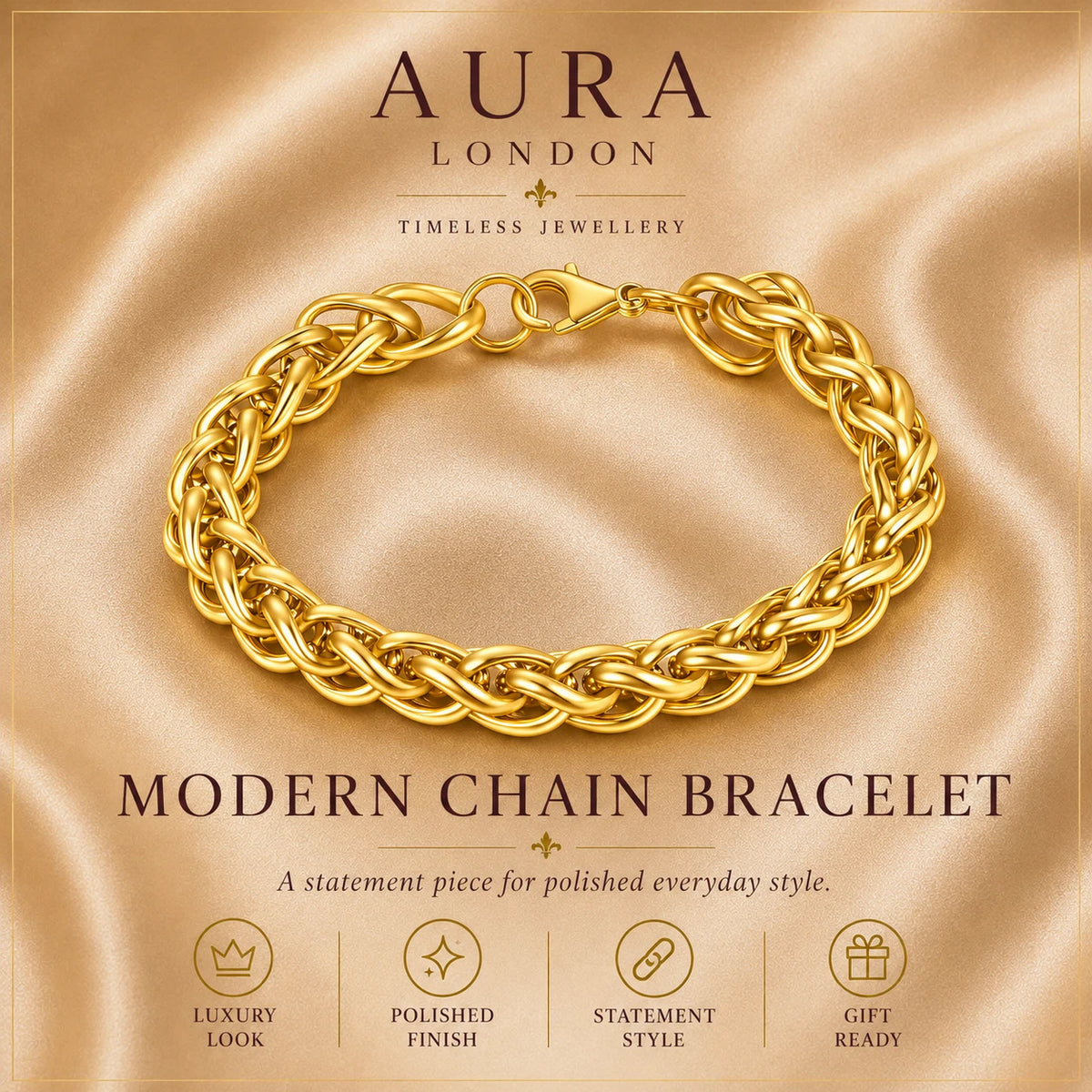18K GOLD PLATED TITANIUM STEEL LADIES CHUNKY BRAIDED CHAIN BRACELET WATERPROOF
