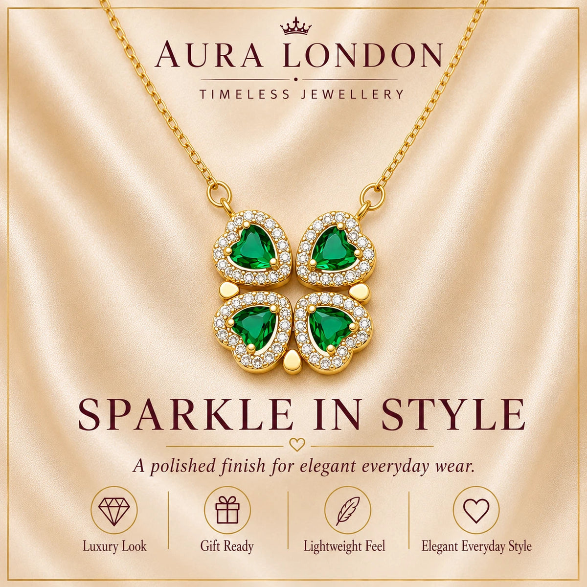 18K GOLD PLATED TITANIUM STEEL GREEN CLOVER CZ PENDANT NECKLACE WATERPROOF GIFT