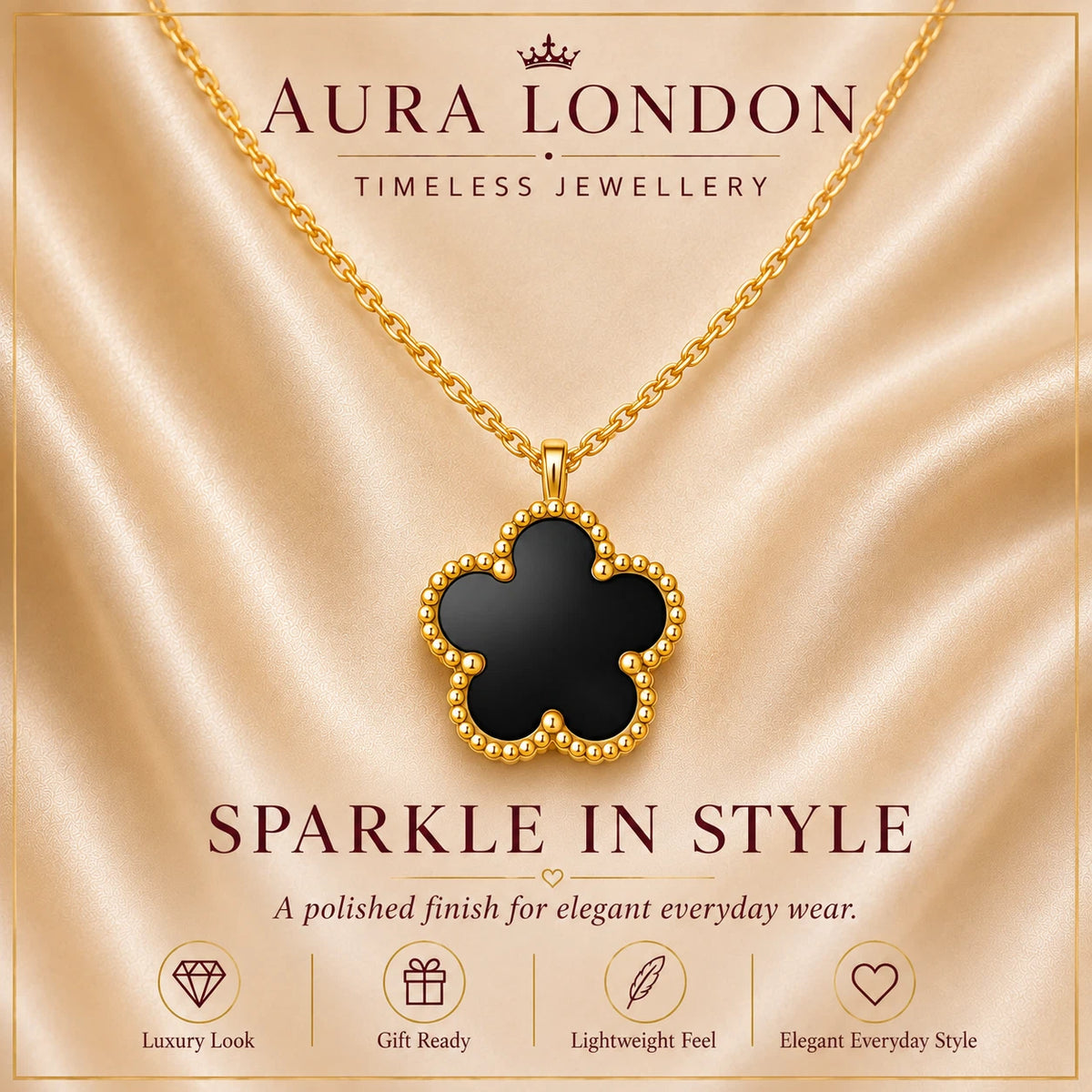 18K GOLD PLATED TITANIUM STEEL BLACK CLOVER PENDANT NECKLACE WATERPROOF GIFT UK