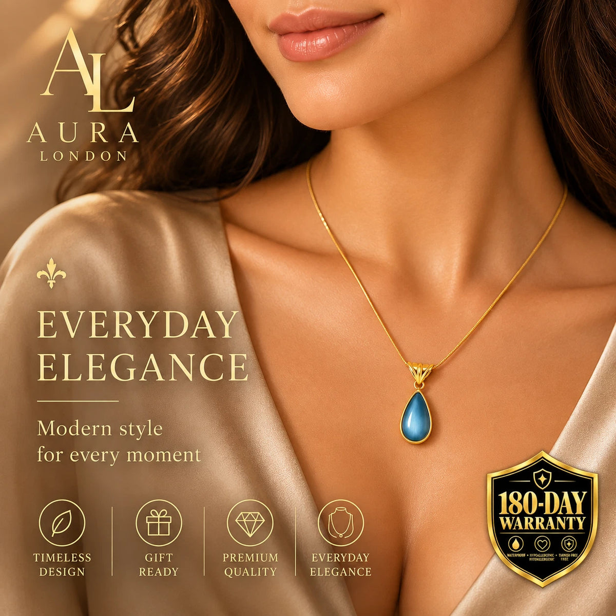 18K GOLD PLATED TITANIUM STEEL LADIES BLUE TEARDROP PENDANT NECKLACE WATERPROOF