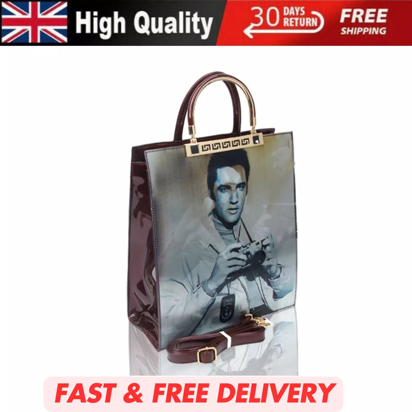 NEW WOMEN'S ELVIS PRESLEY 3D PATENT SHOULDER TOTE HANDBAG – TOP HANDLE SHOPPER BAG UK STOCK
