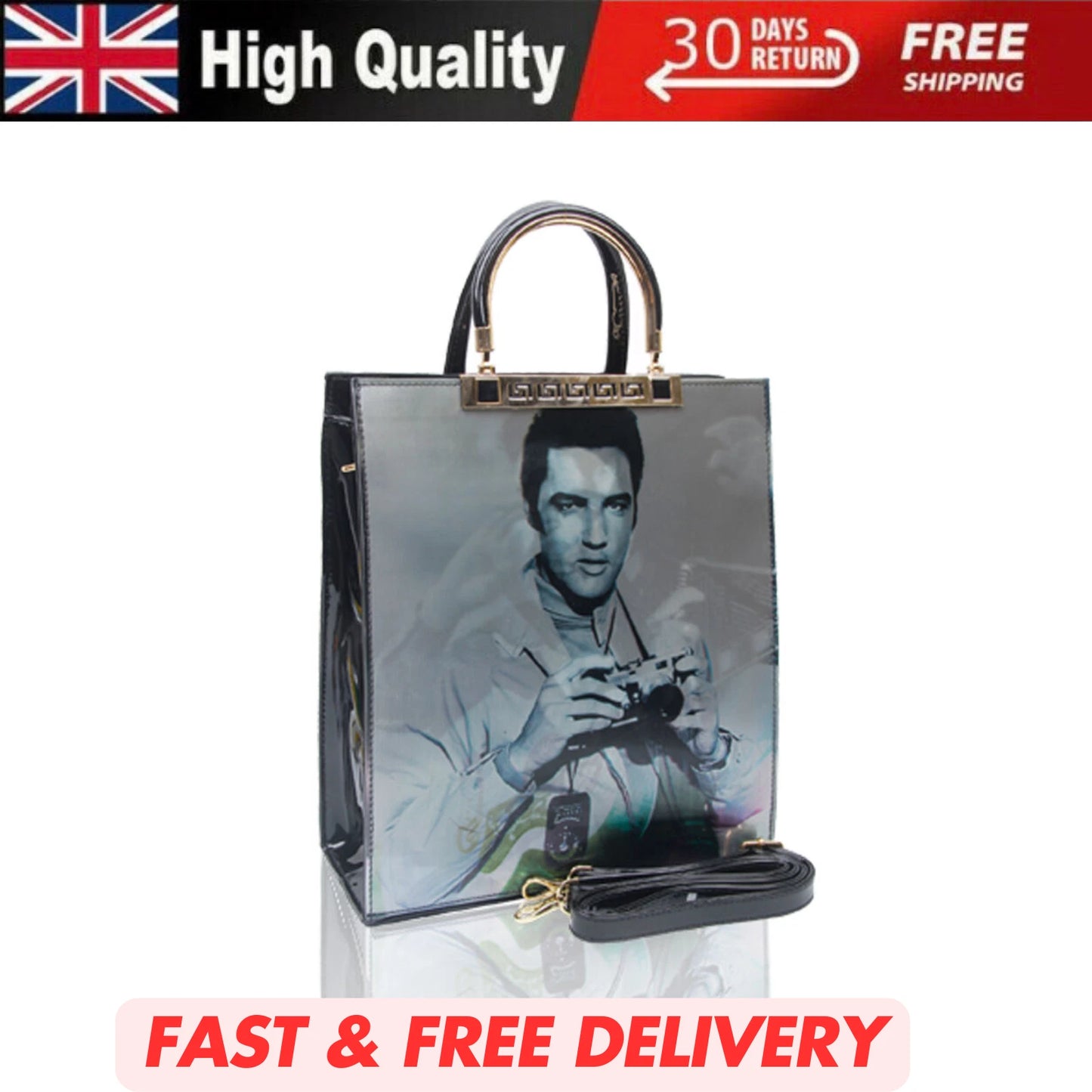 NEW WOMEN'S ELVIS PRESLEY 3D PATENT SHOULDER TOTE HANDBAG – TOP HANDLE SHOPPER BAG UK STOCK