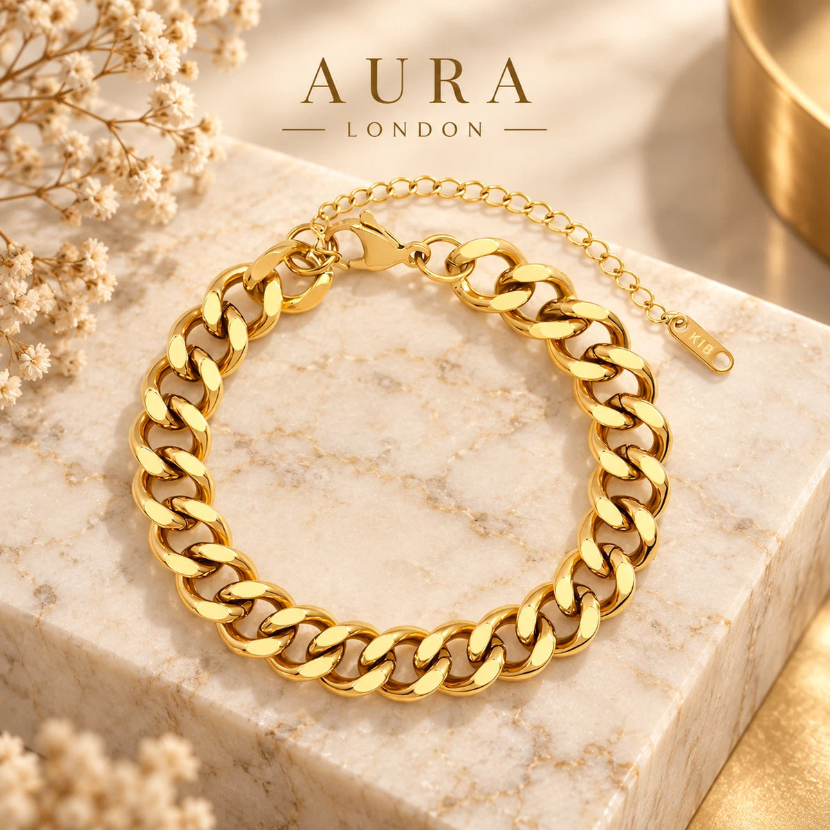 18K GOLD PLATED TITANIUM STEEL CHUNKY CURB CHAIN BRACELET WATERPROOF LADIES GIFT