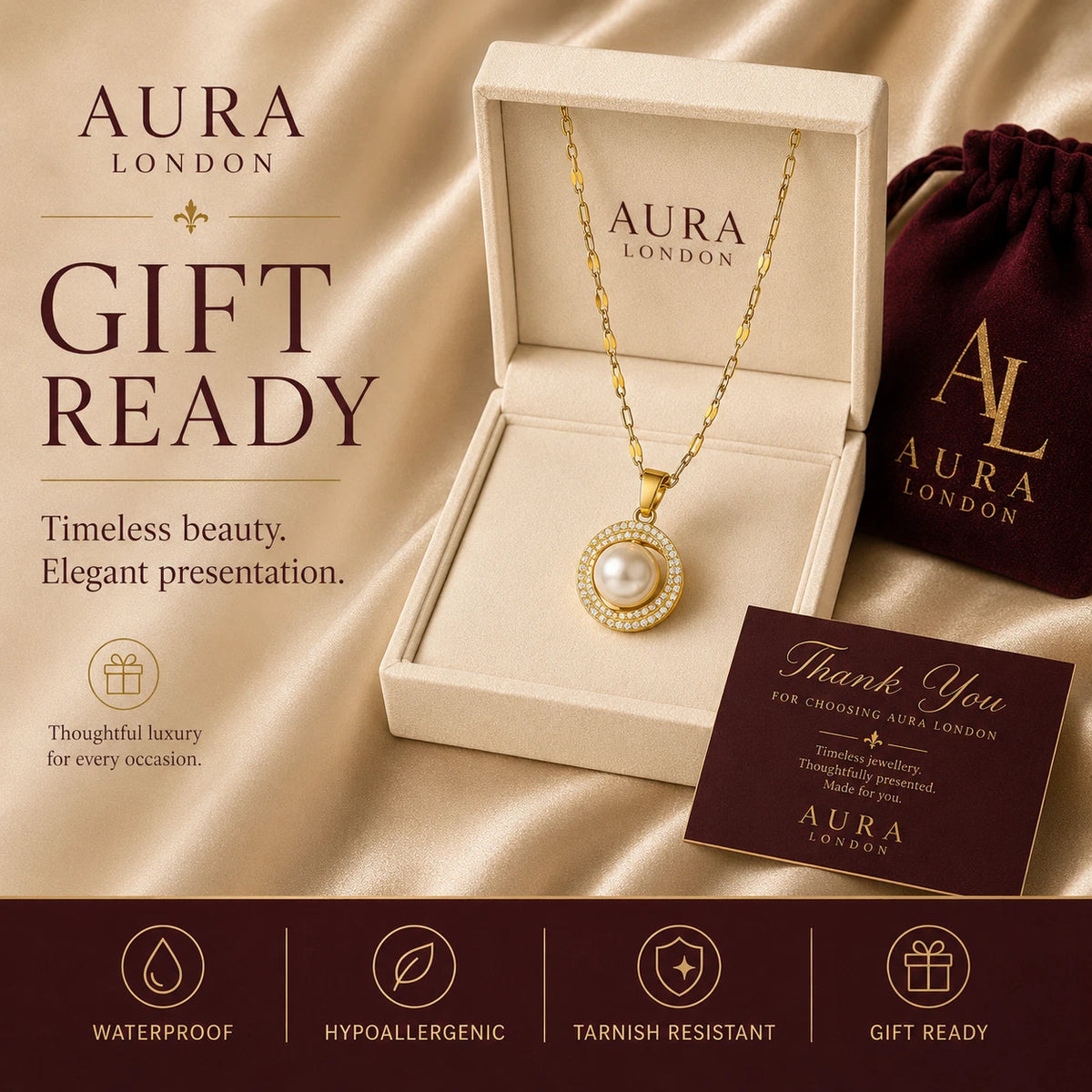18K GOLD PLATED PEARL HALO CZ PENDANT NECKLACE TITANIUM STEEL ANTI TARNISH GIRLS