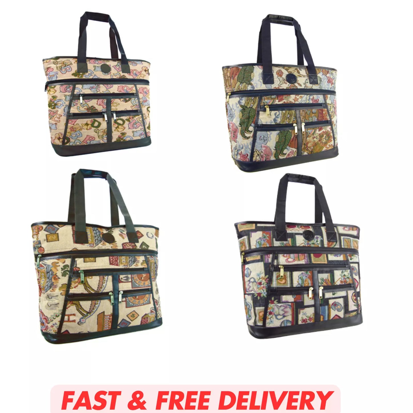 LARGE TAPESTRY SHOPPING BAG WITH ZIP MAIN COMPARTMENT MULTIPLE POCKETS SH104 UK STOCK
