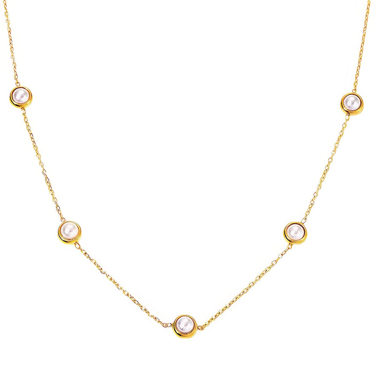 18K GOLD PLATED STAINLESS STEEL IMITATION PEARL STATION NECKLACE LADIES GIFT UK