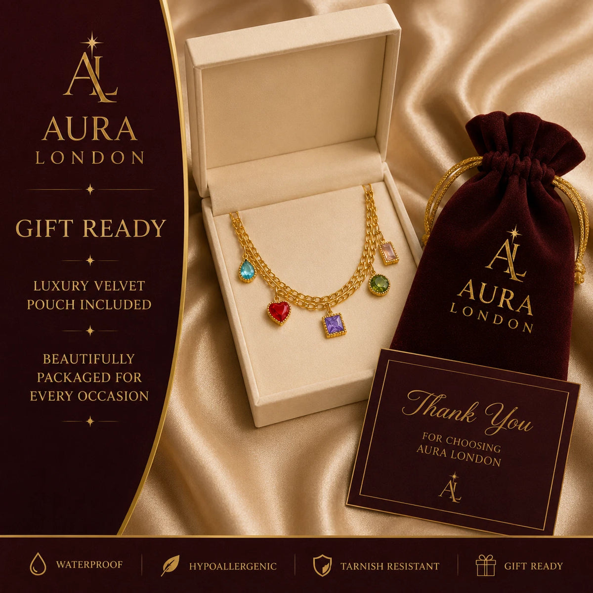 18K GOLD PLATED TITANIUM STEEL MULTICOLOUR CZ CHARM NECKLACE LADIES HER GIFT UK