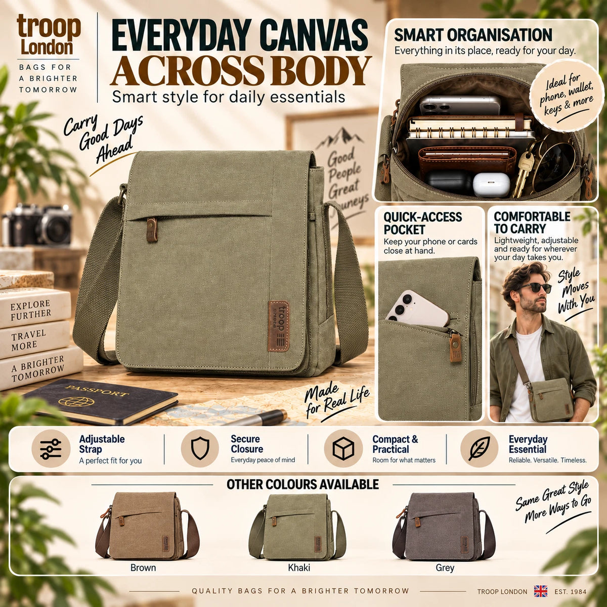 TROOP LONDON TRP0219 CLASSIC CANVAS CROSSBODY SHOULDER BAG KHAKI UNISEX