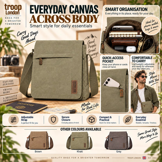 TROOP LONDON TRP0219 CLASSIC CANVAS CROSSBODY SHOULDER BAG KHAKI UNISEX