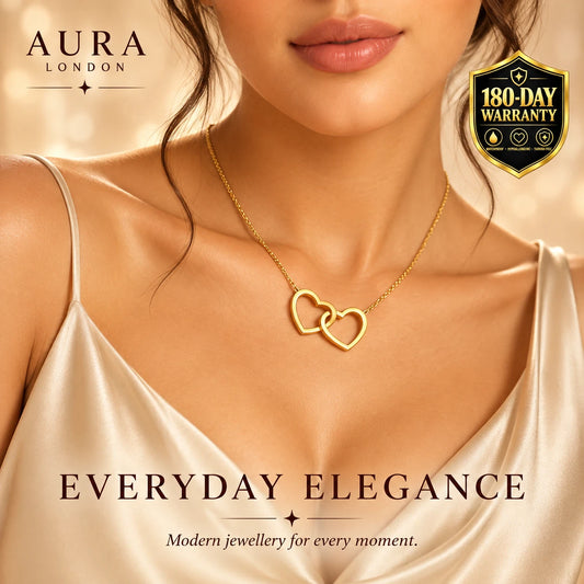 18K GOLD PLATED TITANIUM STEEL LADIES INTERLOCKING HEART NECKLACE WATERPROOF UK