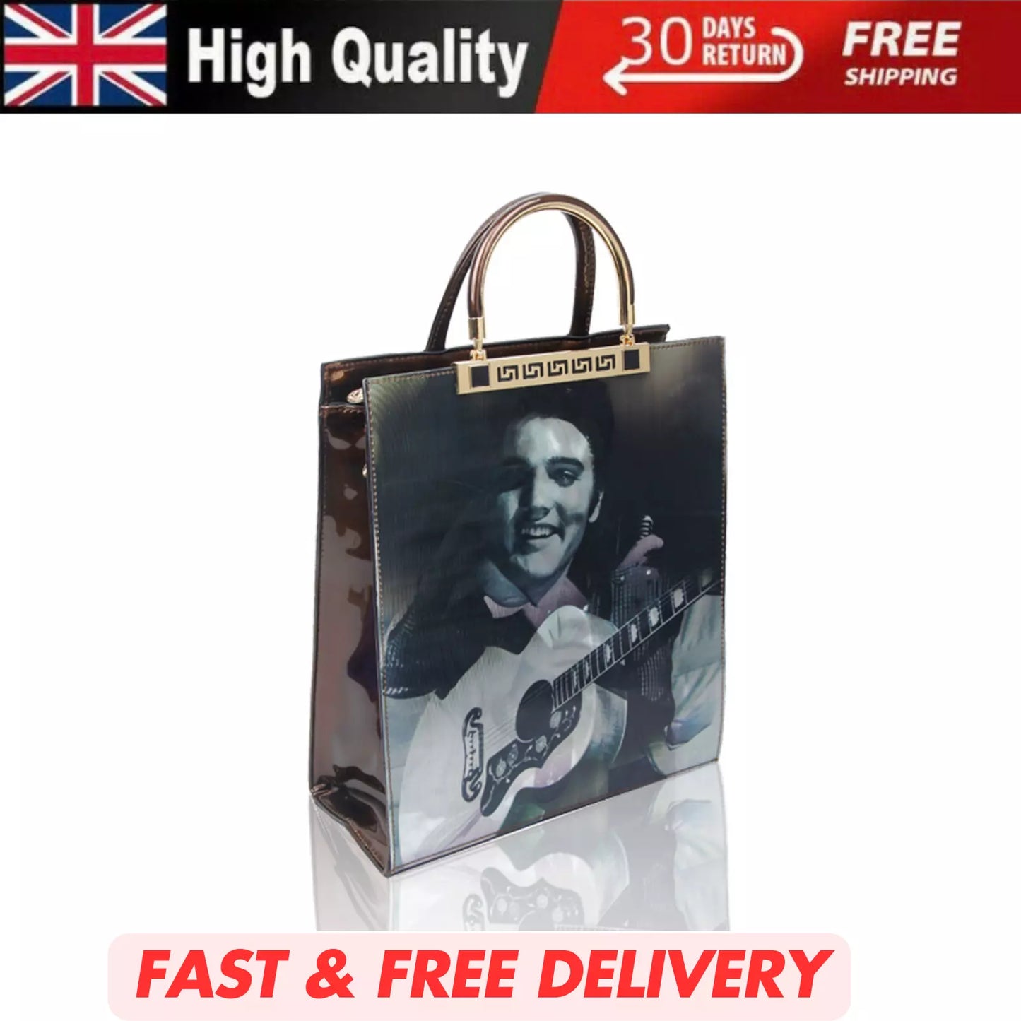 NEW WOMEN'S ELVIS PRESLEY 3D PATENT SHOULDER TOTE HANDBAG – TOP HANDLE SHOPPER BAG UK STOCK