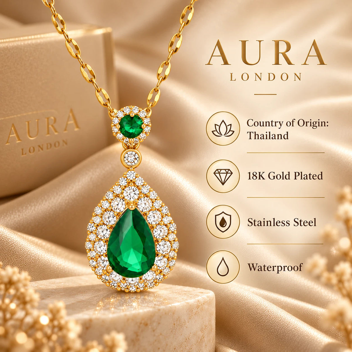 18K Gold Plated Titanium Steel Green Teardrop Pendant Necklace Waterproof Gift