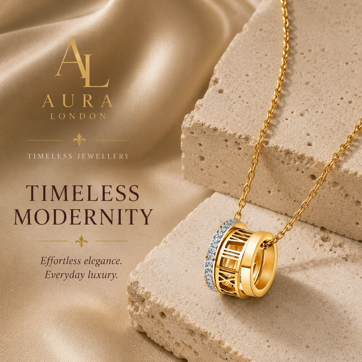 18K GOLD PLATED STAINLESS STEEL ROMAN NUMERAL CZ PENDANT NECKLACE LADIES GIFT UK