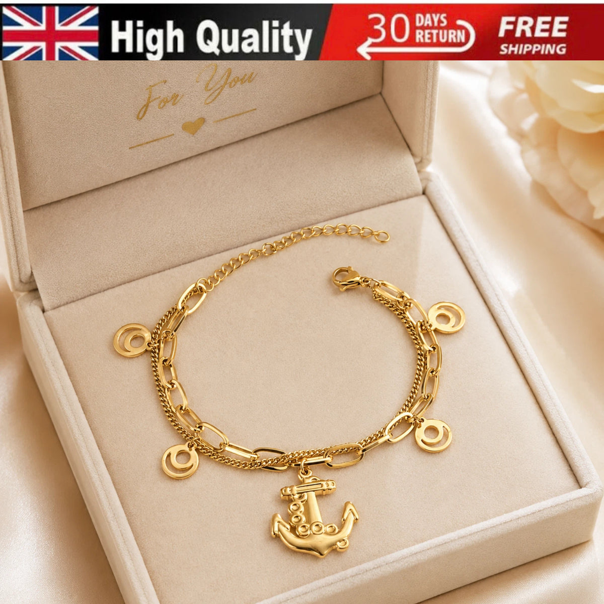 NEW 18K GOLD PLATED TITANIUM STEEL ANCHOR CHARM BRACELET WATERPROOF HER GIFT UK