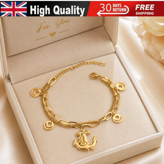 NEW 18K GOLD PLATED TITANIUM STEEL ANCHOR CHARM BRACELET WATERPROOF HER GIFT UK