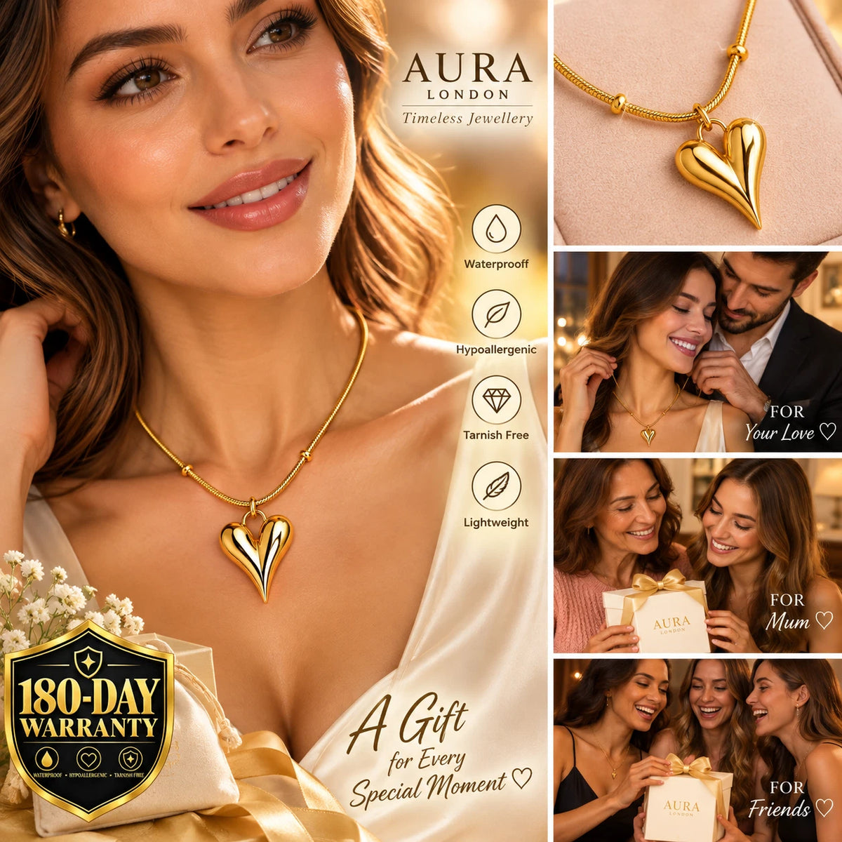 18K GOLD PLATED TITANIUM STEEL HEART NECKLACE PVD WATERPROOF GIFT GIRL HER UK